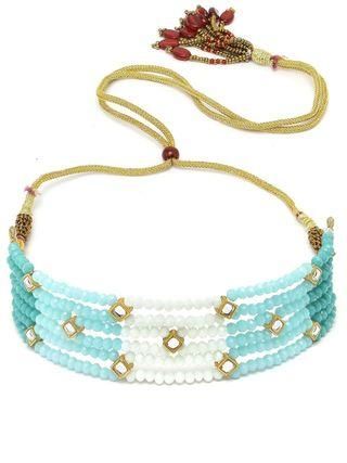 Karatcart Light Blue and White Crystals Beaded Kundan Choker Necklace Set for Women