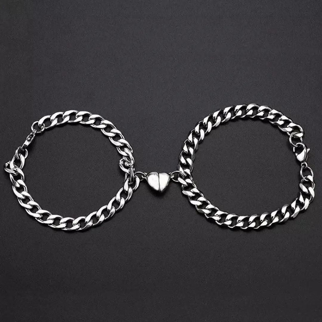 Silver Heart Magnetic Couple Chain Bracelet