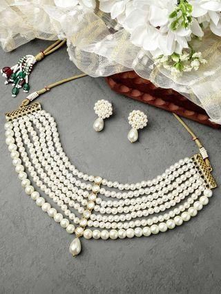 Karatcart Pearl Beaded Kundan Choker Necklace Set for Women