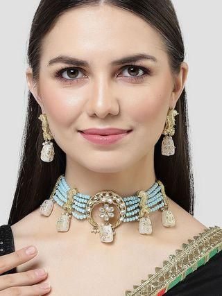 White Designer Tumble Light Blue Crystal Beaded Kundan Choker Necklace Set