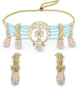 White Designer Tumble Light Blue Crystal Beaded Kundan Choker Necklace Set