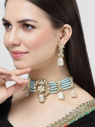 White Designer Tumble Light Blue Crystal Beaded Kundan Choker Necklace Set