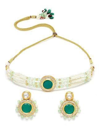 Lime Green Beads and Pearl Beaded Green Polki Kundan Choker Necklace Set